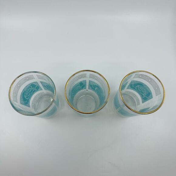 Set Of 3 MCM White/Aqua Libbey Cross Stitch Rose Pattern Glass Cups Drinkware - Picture 2 of 4